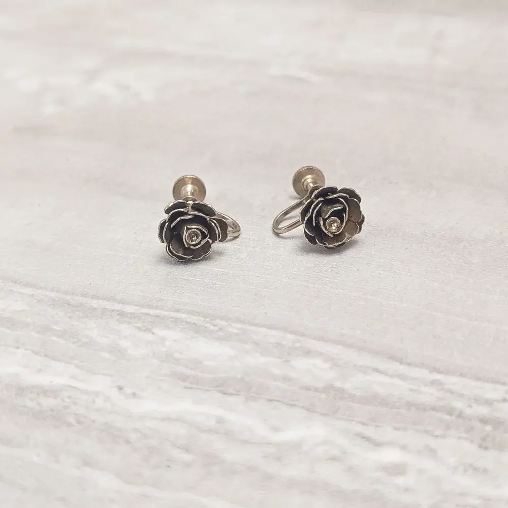 Vintage Screw On Earrings Flower Dark Gold Tone - Fair Condition